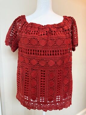 Anthropologie Sunday in Brooklyn Burnt Red Crochet Off-Shoulder Blouse